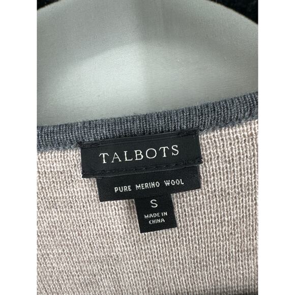 Talbots Cardigan Sweater Womens Small Beige Gray Striped Pure Merino Wool Cozy - Picture 2 of 7